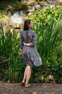 Robe de jardin japonaise bohème, nouvelle, imprimée à la main, en coton pur, à fleurs, bleu et rouge, décontractée - Product Image 2