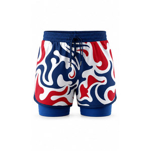 Short de bain décontracté pour homme à motif rouge, blanc et bleu, séchage rapide, avec cordon de serrage, longueur courte, taille mi-haute, en polyester - Product Image 2