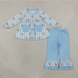 Ensemble de pyjama pour filles à rayures bleues, sans manches, en tissu de yoga Spandex/Polyester, écologique, décontracté, confortable, vêtements de nuit - Product Image 2