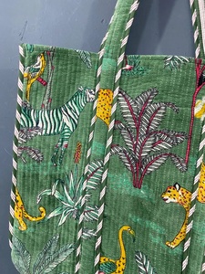 Sac fourre-tout pour femme en velours imprimé à la main en Inde, style bohème vintage, imprimé jungle bleu, broderie multicolore, fermeture éclair pour - Product Image 6