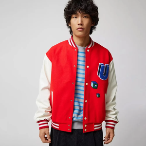 Custom <b>Men's</b> Wool Letterman <b>Real</b> Leather Varsity Jacket <b>Black</b> with Red Color Embroidery Logos Patches and Labels Jacket for <b>Men</b> - Product Image 1