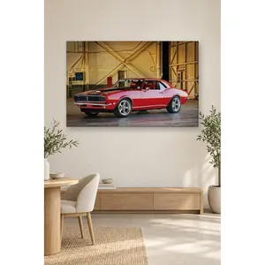 Impression sur toile Fida Red Racing Camaro dans un hangar en bois - Product Image 1
