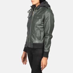 High Quality Wholesale <b>Vintage</b> original Green Hooded PU Leather Bomber <b>Jacket</b> for Women with Zipper closure easy to wear - Product Image 2