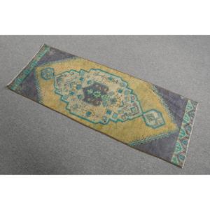 1.8x4.9 ft Turkish Vintage Rug, Small Rug, <b>Yellow</b> Blue Floral <b>Wool</b> Rug - Product Image 2