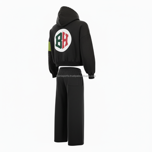 High quality 370 GSM warm <b>brushed</b> fleece cotton polyester black tracksuit hoodie and jogger set custom logo Tracksuit - Product Image 4