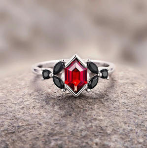 925 Plata de Ley rojo granate corte hexagonal ajuste de punta 7x12mm anillo Boho hoja flor diseño boda joyería fina enero - Product Image 4
