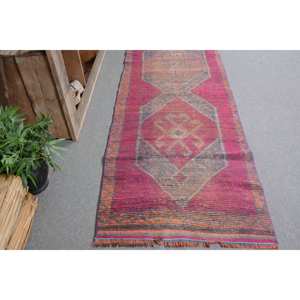 Alfombra Kilim turca Vintage de 2,8x11 pies, rosa, naranja, lana hecha a mano, respaldo de látex, patrón abstracto Rectangular para pasillo de dormitorio - Product Image 3