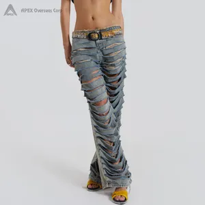 Underground cực rách thấp tăng jeans London acid-rửa cực cắt giảm jeans thấp tăng bootcut jeans