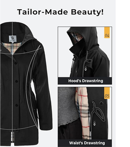 Chaqueta de lluvia larga con capucha para mujer, impermeable para exteriores, cortavientos - Product Image 3