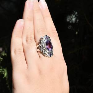 Diseño romántico, anillo de banda de Plata de Ley 925 para mujer, ajuste de bisel de corte ovalado de amatista, clásico para boda de compromiso - Product Image 6