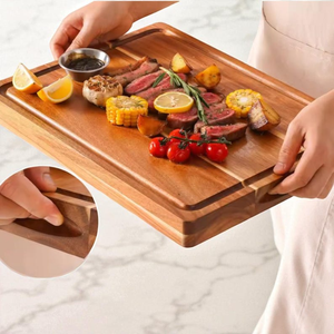 Planche à découper rectangulaire double face en bois d'acacia avec rainure pour le jus, écologique et lavable au lave-vaisselle - Product Image 6