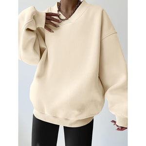 <b>Women's</b> Oversized Beige Crewneck Sweatshirt Loose Fit Casual Pullover 3D Embroidery Long Soft <b>Fleece</b> Sleeves Cozy Stylish <b>Top</b> - Product Image 1
