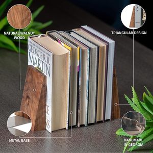 Serre-livres en bois faits à la main avec base en métal noyer porte-livres robustes pour livres lourds serre-livres fantaisie pour étagères - Product Image 3