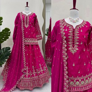 Diseñador étnico Simmer Silk Top Lehenga Set hilo secuencia trabajo estilo moderno Dupatta para fiestas de Diwali para invierno/verano - Product Image 3