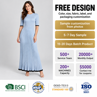Robe plissée en maille bleu clair pour femme FNJIA, coupe ajustée, manches courtes, longueur maxi, bordure noire, vêtements décontractés, fabrication OEM sur mesure, vente en gros
