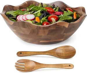 Decorative <b>Wooden</b> Serving Bowl With 2 <b>Server</b> Rustic <b>Wooden</b> Bowl for <b>Salad</b> Fruit Home Kitchen Dining Table Party and Wedding Use - Product Image 1