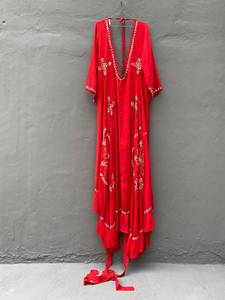 Vestido Maxi Bohemio Bordado, Lavable, sin Espalda, para Mujer, Manga Larga, Verano, Playa, Kaftán, Dobladillo Evase, Lazada con Borlas, Cintura Natural - Product Image 3