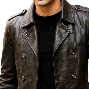 เสื้อโค้ทหนังแกะแท้สไตล์วินเทจสำหรับผู้ชาย แบบกระดุมสองแถว สีน้ำตาล เสื้อแจ็คเก็ตหนังยาว ขายส่ง - Product Image 4