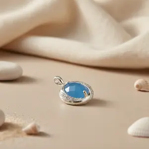 Pendentif en argent sterling 925 avec chalcédoine, bijoux en pierre précieuse bleue rhodiée, avec boîte géométrique, or blanc chrétien, diamant - Product Image 1