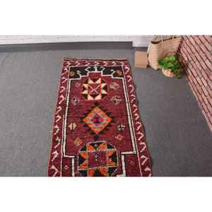 Vintage Turkish Wool <b>Runner</b> Rug 2.4x12.6 ft (72x384 Cm) <b>Red</b> Patchwork Herki Eco-Friendly Latex Backing Rug - Product Image 4