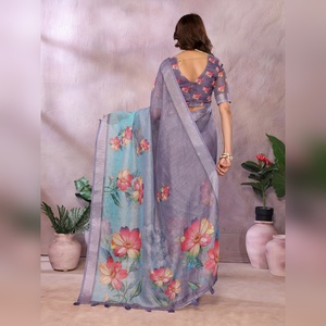 Sari imprimé floral bleu aqua exquis GG-417, toucher léger, tissu floral multicolore, port rafraîchissant, traditionnel - Product Image 2