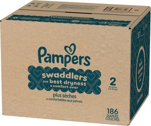 Couches Pampers Swaddlers, taille 2 (4,5-10 kg), 186 unités, absorbantes, gardent bébé au sec et confortable, sûres pour la peau, couches jetables pour bébé - Product Image 1