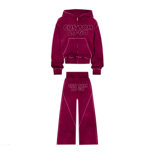 2025 survêtement surdimensionné lavé à l'acide personnalisé hommes français éponge strass Vintage pantalon évasé et sweat à capuche 2 pièces ensemble survêtement - Product Image 1