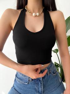Camisetas sin mangas cortas azules sin espalda con cuello en V personalizadas para mujer, diseño corto sin mangas acanalado ajustado de verano a la moda, hecho de tela de punto - Product Image 6