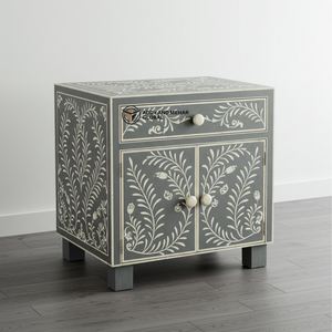 Handcrafted Eco-Friendly Gray Bone Inlay Modern Nightstand Floral Vine Design <b>Bedside</b> Table with Drawer <b>Cabinet</b> for Living Room - Product Image 6