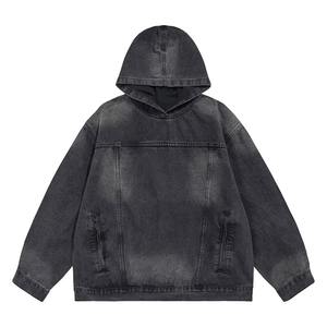 Washed Black Oversized Denim <b>Hoodie</b> Loose Fit <b>Grunge</b> Style Front Pockets Distressed Vintage Look OEM Colors 100% Cotton Custom - Product Image 1