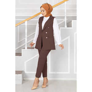Ensemble gilet hijab marron café avec détail col chemise, design élégant pour femme de bureau - Product Image 1
