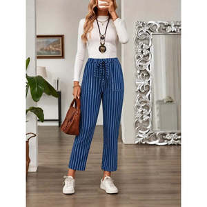 Pantalones Modales con Estampado de Leopardo y Cordones en la Cintura Alta para Mujer, 38405 - Azul - Product Image 1