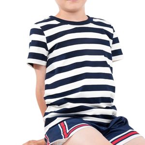 เสื้อยืดเด็กคอตตอน 100% สัมผัสนุ่ม สกรีนแบรนด์ได้ตามต้องการ ทรงปกติ สีกรมท่า-ขาว เสื้อยืดเด็ก คอกลม แขนสั้น ลายทาง - Product Image 3