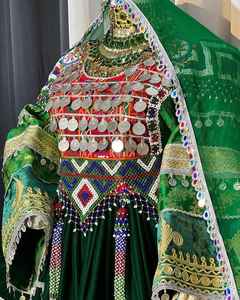 Afghan kuchi TRIBAL ชุดเจ้าสาววินเทจซักได้สำหรับผู้หญิงมีกระดุมตกแต่งยาวถึงเข่ารายละเอียด - Product Image 2