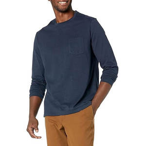 T-shirt uni bleu marine à manches longues en mélange de coton pour hommes, femmes et filles, col rond - Product Image 2