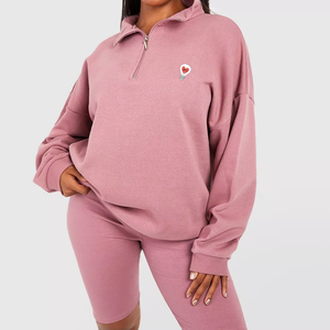 ชุดกีฬาผ้าฝ้าย2ชิ้นสำหรับผู้หญิงชุดกางเกงขาสั้นมีฮู้ดสำหรับฤดูหนาวชุดเล่นกีฬาลำลองผ้าคอตตอนมีซิปครึ่งตัว - Product Image 1