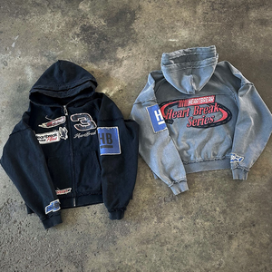 Huili Oem coton épais lavé à l'acide Vintage sweats à capuche hommes logo personnalisé imprimé broderie Double couche fermeture éclair à capuche - Product Image 1