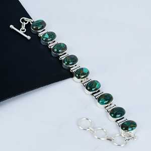 Indian Handmade Vintage Style 925 Sterling <b>Silver</b> Bezel Set Copper Malachite <b>Charm</b> <b>Bracelet</b> Boho & Hippie Unisex Christmas Gift - Product Image 3