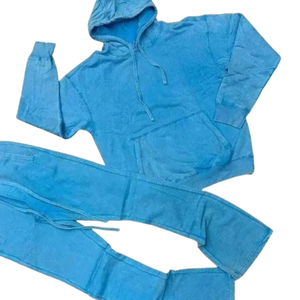 Blue Acid Washed Hoodie Tracksuit <b>Men</b> Vintage Fleece Pullover Sweatshirt <b>Flare</b> Jogger Pants Set Streetwear Winter Casual Outfit - Product Image 3