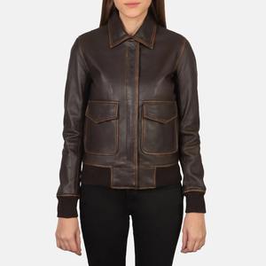 2 Brown Leather Genuine <b>Bomber</b> <b>Jacket</b> Outerwear Cotton Filled Breathable Zipper Closure Custom Logo Finished Embroidered Autumn - Product Image 3