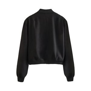 เสื้อครอปแจ็คเก็ตแขนยาวสีดำล้วน, เสื้อแจ็คเก็ตสตรีน้ำหนักเบามีกระเป๋าด้านหน้ากันน้ำ - Product Image 3