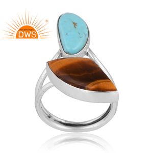 Venta caliente plata esterlina Ojo de Tigre natural amarillo y Kingman turquesa anillo de piedras preciosas para mujeres proveedor de joyería personalizada - Product Image 1