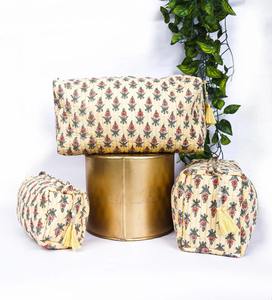 Handmade Block Print Quilted Cotton Large Cosmetic Bag Set Eco-Friendly for Toiletry Organizer Zipper <b>Light</b> Yellow Waterproof - Product Image 1