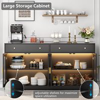 Aparador Moderno Negro Ajustable de Madera de Roble con Luces LED, Puertas de Cristal, Almacenamiento para Cocina, Barra de Café y Cajones