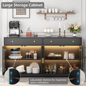 Buffet moderne noir avec éclairage LED et portes vitrées, meuble de rangement de <span class=keywords><strong>cuisine</strong></span>, credenza, meuble bar à café avec tiroirs - Product Image 4