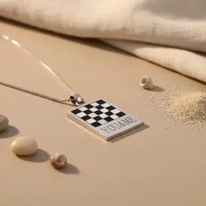 Collier pendentif en argent 925 à motif à carreaux, rhodié, géométrique, boîte, bijoux pour femmes, cadeau avec zircon diamant, tendance, or rose - Product Image 1