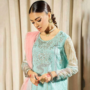 Trajes Formales Azules para Mujer con Camisa de Organza y Dupatta, Pantalón de Seda Cruda - Diseño Refinado de Alta Calidad Ecológico - Product Image 5