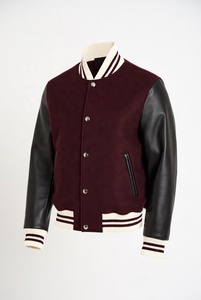 Premium Custom Logo Embroidered Letterman <b>Varsity</b> <b>Jacket</b> Green Body Brown Genuine Leather Sleeves Striped Rib Knit Unisex <b>Bomber</b> - Product Image 3