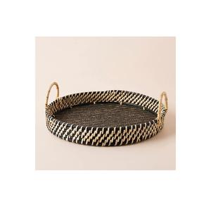 Plateau de petit-déjeuner décoratif noir naturel fait à la main avec poignées de plateau de service en rotin élégant pour l'affichage de cuisine à domicile de restauration - Product Image 1