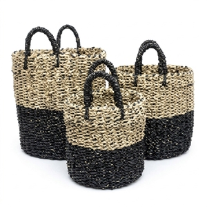Natural Seagrass Storage <b>Basket</b> Set Black Bottom Dip Wrapped Handle Round Pot Planter Laundry Setup Decor Pure Art Design - Product Image 1